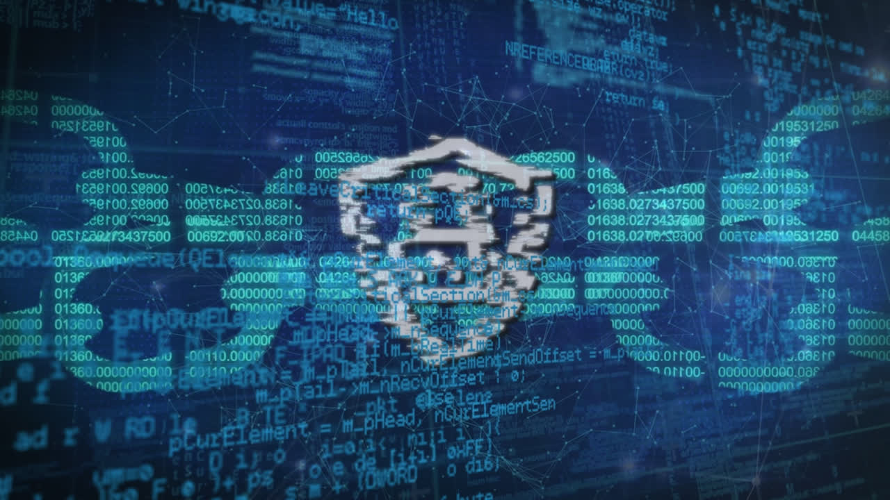 animación del escudo digital, el candado y la cadena sobre el procesamiento de datos sobre fondo azul