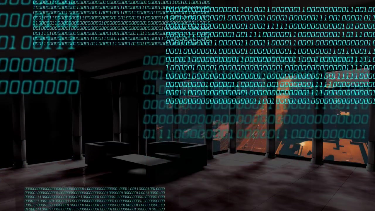 Teal binary stream fading in from edges, holo panels forming, sliding, stacking to show data flow