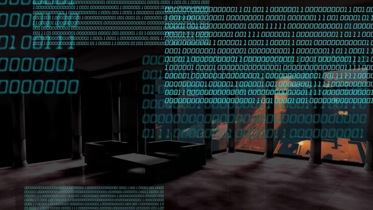 Teal binary stream fading in from edges, holo panels forming, sliding, stacking to show data flow