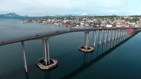 Bridge-of-city-Tromso,-Norway-Aerial-footage