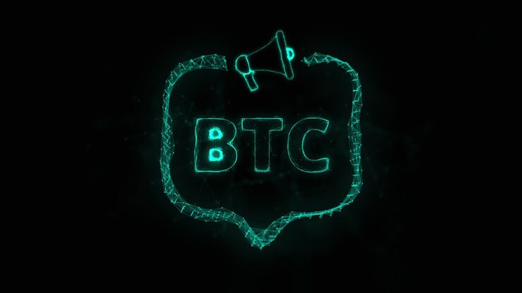 Megaphone banner with speech bubble and text BTC. Plexus style of green glowing dots and lines