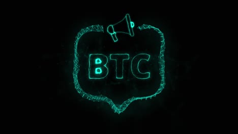 estandarte de megáfono con burbuja de habla y texto btc. estilo plexus de puntos y líneas brillantes verdes