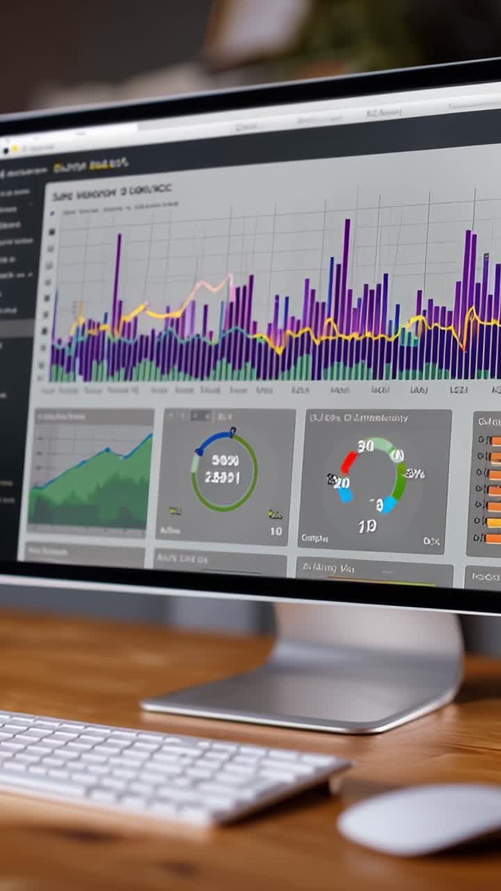 Analysis of Data Trends Visualized on a Computer Monitor Highlighting Key Metrics and Performance Indicators in Colorful Graphs and Charts