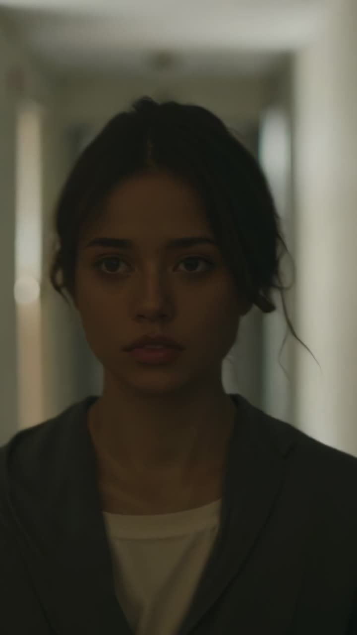Vertical video: Walking woman wearing dark cardigan, light top, moving to camera in narrow hallway