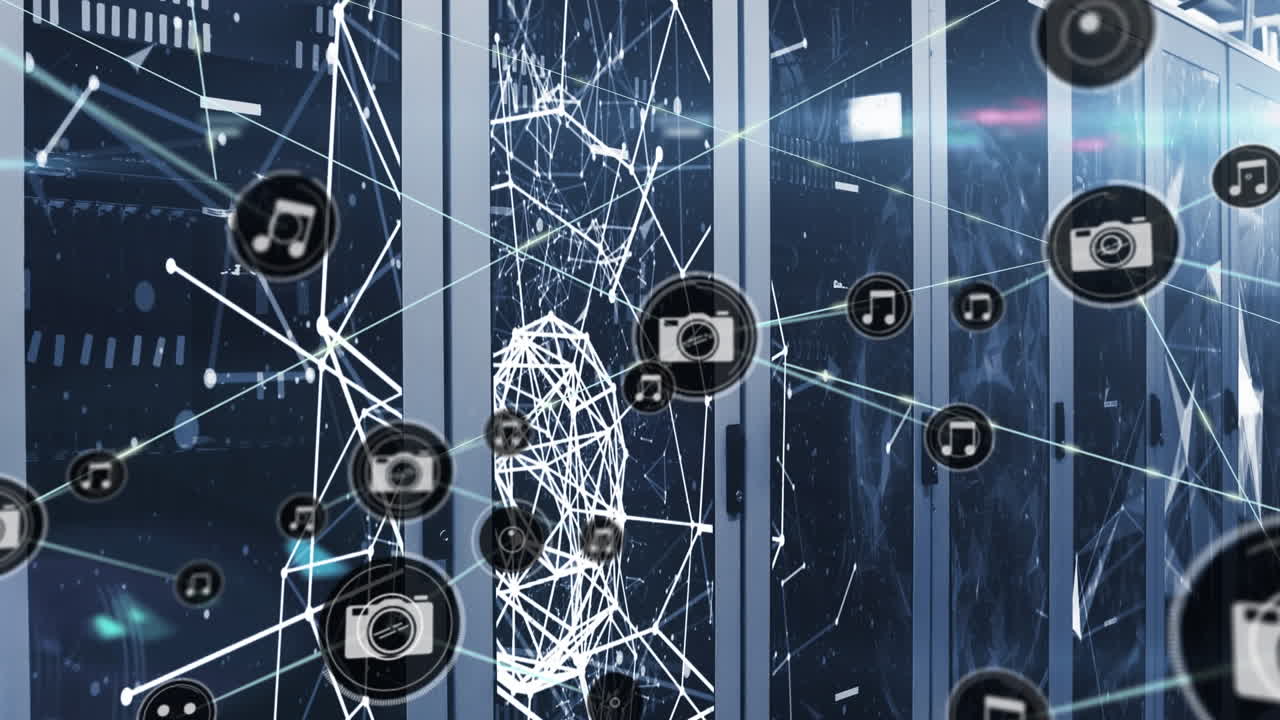 Animation of network of connections with icons over server room