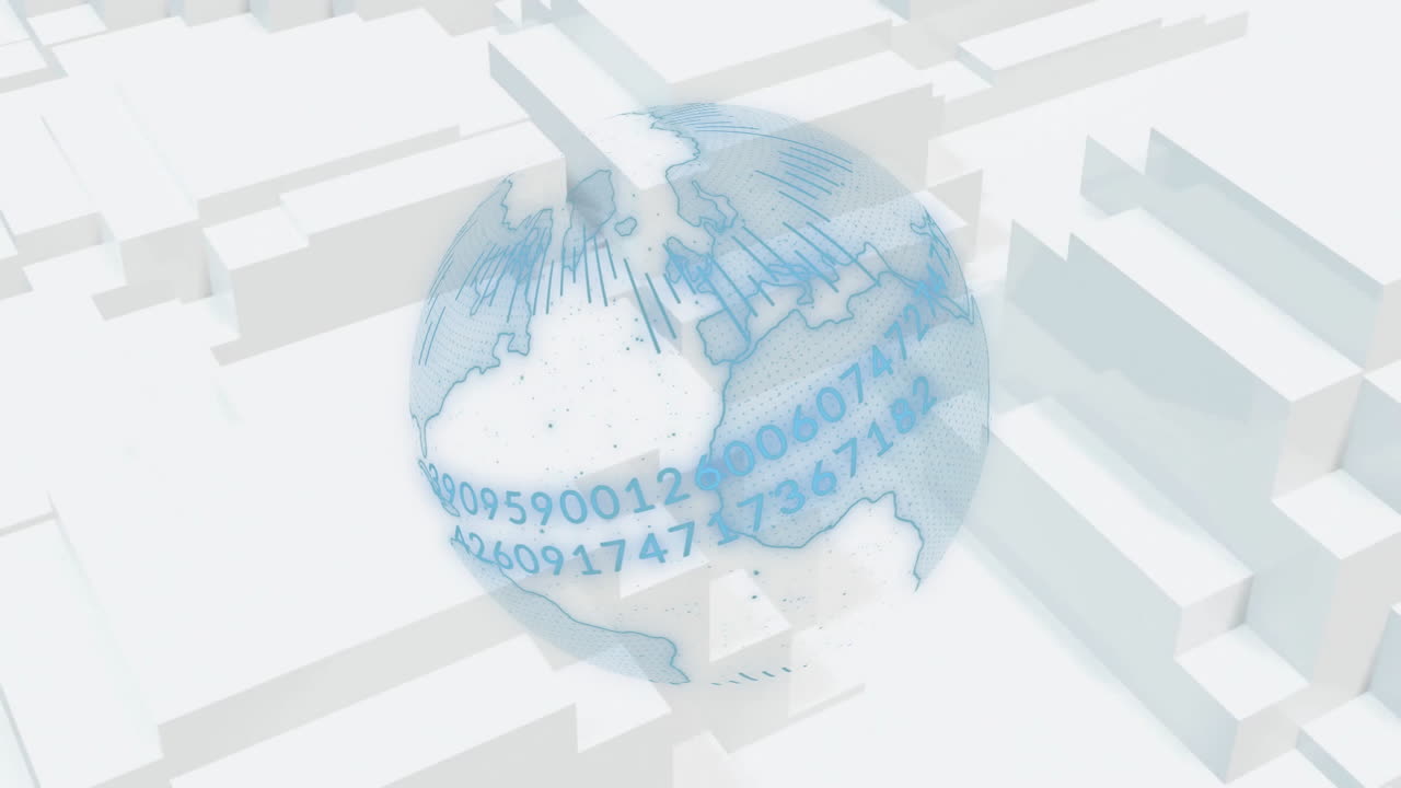 추상적인 색 기하학적 모양 위에 숫자와 선의 애니메이션으로 회전하는 지구