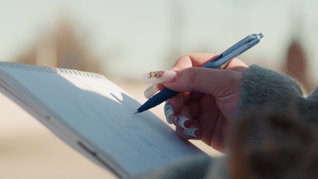 Pen writes outdoors. Hand sketches on sunny page. Sketching on paper under sunlight. My hand journals outside in gentle sunshine. Close up of pen on notebook with sunlight casting soft shadows