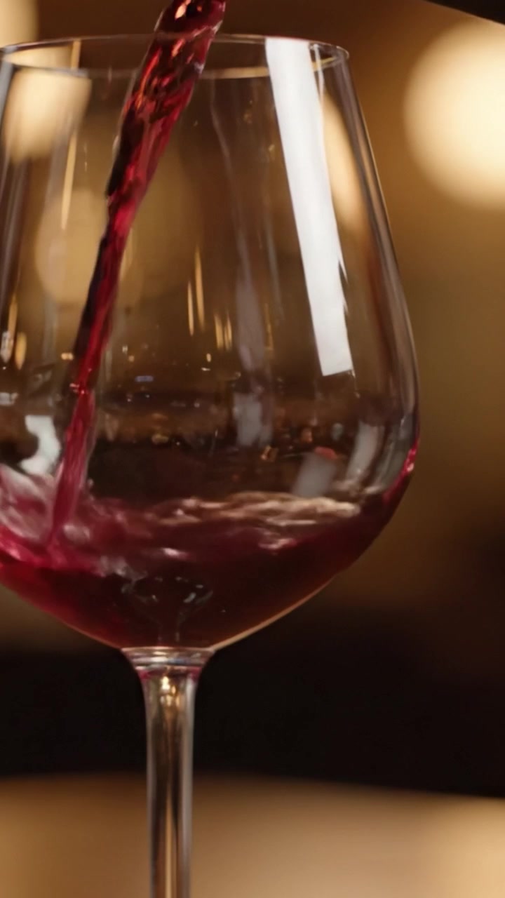 Una Vista Ravvicinata di un Elegante Bicchiere che Riflette l'Illuminazione Ambientale, che Passa da Vuoto a Riempito con Vino Rosso Vivace, Mettendo in Mostra l'Eleganza degli Ambienti di Alta Cucina