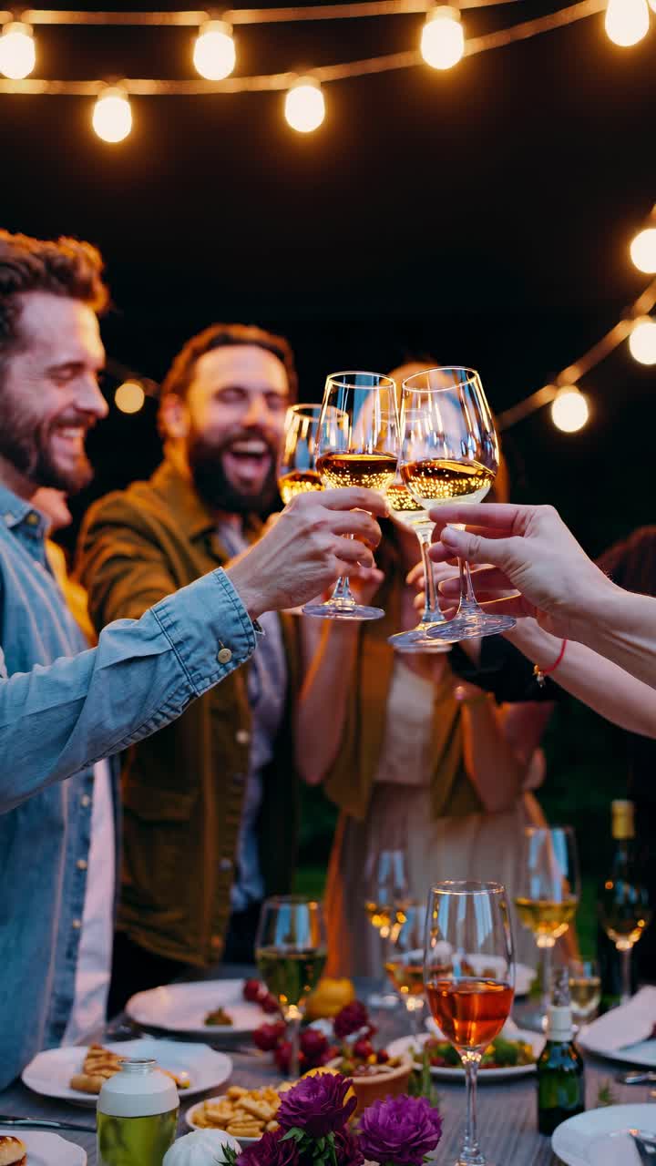 Low-angle video frame capturing friends toasting with wine glasses at an outdoor dinner party
