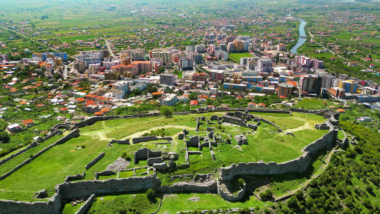 Aerial, drone view of the Lezhe Castle in Lezhe, Albania