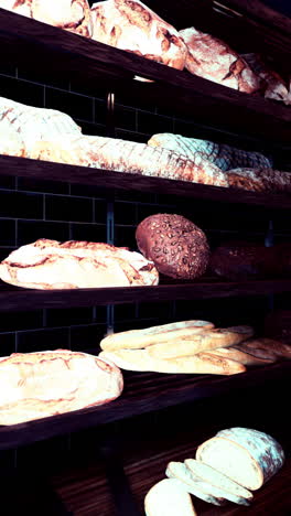close up of various fresh bread loaves on shelves in a bakery.