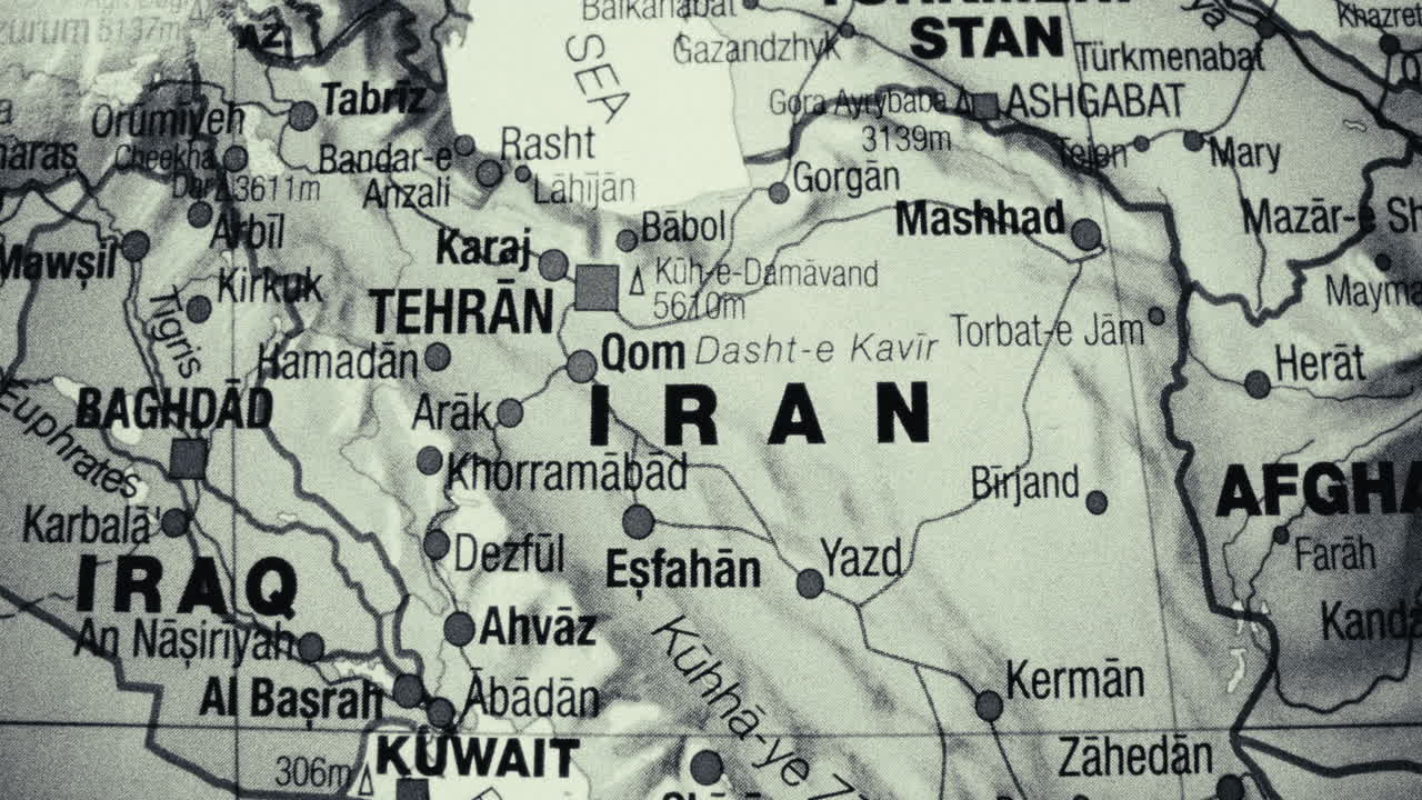 Close-up of a vintage map showing Iran and surrounding Middle Eastern countries