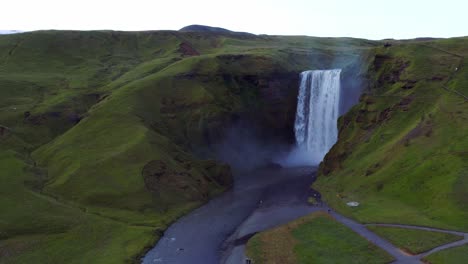 Aerial-View-Of-Skogafoss-Waterfall-In-South-Of-Iceland-Near-The-Town-Of-Skogar---drone-shot
