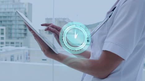 animation of scope scanning and clock over biracial female doctor using tablet