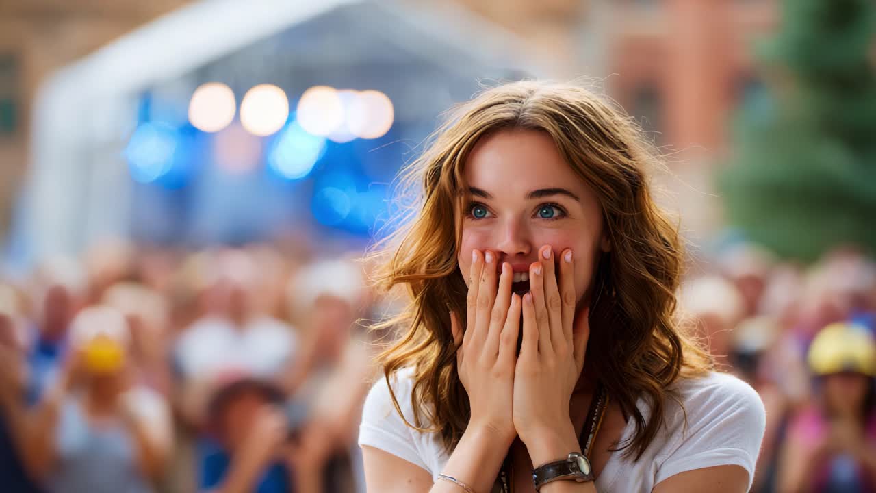 A Young Woman Expresses Surprise and Emotion During a Live Performance, Overwhelmed with Joy as She Watches the Stage Show with an Enthusiastic Crowd in the Background