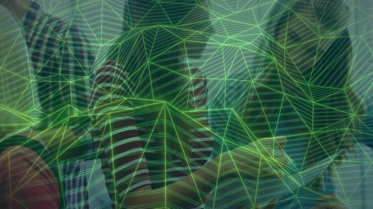 Animazione di linee geometriche verdi che formano un motivo astratto su uno sfondo sfocato