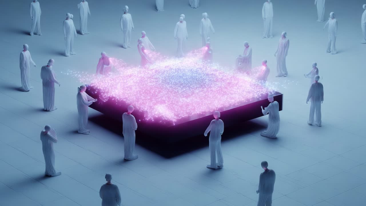 Exploring a Mystical Energy Square: A Group of Ethereal Figures Surrounds a Luminous Square Exuding Vibrant Pink and Blue Sparks, Embracing a Transcendent Experience of Connection and Enlightenment
