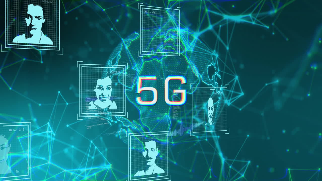 animación de texto 5g a través de la red digital y retratos en todo el mundo