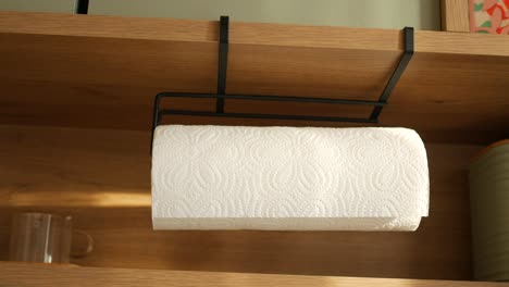 paper towel holder on wooden shelf