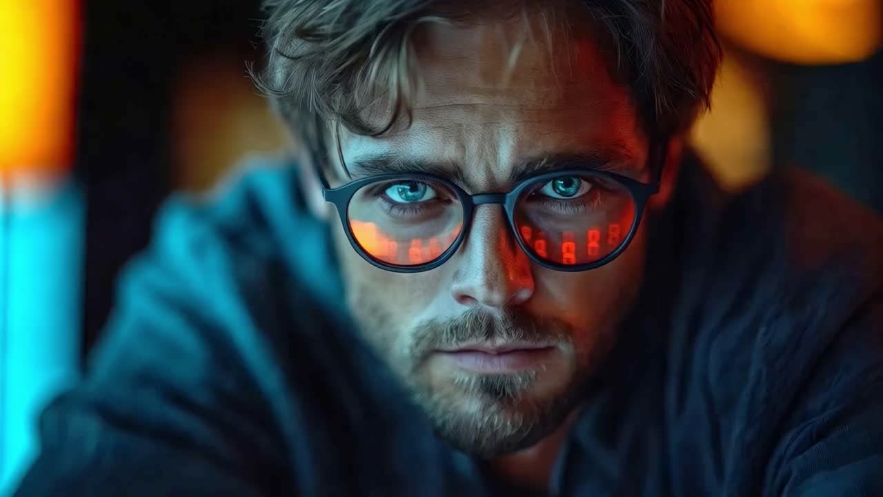 Portrait of a focused man with glasses reflecting a computer screen