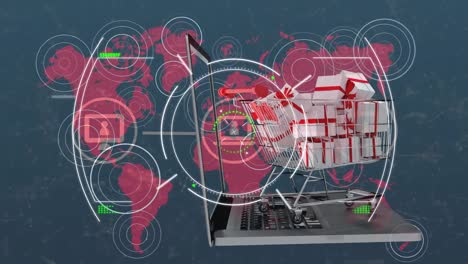 animation of scope scanning over shopping trolley and laptop