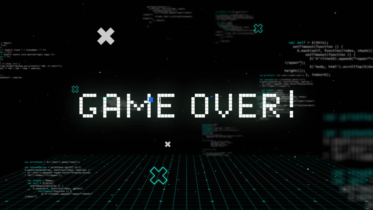 Game over written in white distorting on black background with text and white grid