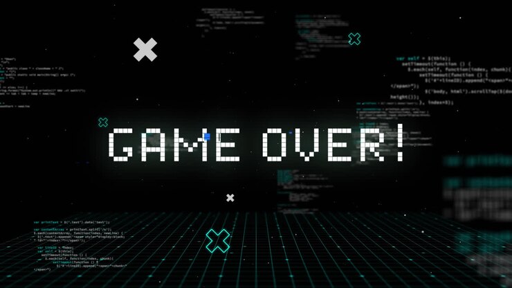 Game over scritto in bianco che si deforma su sfondo nero con testo e griglia bianca