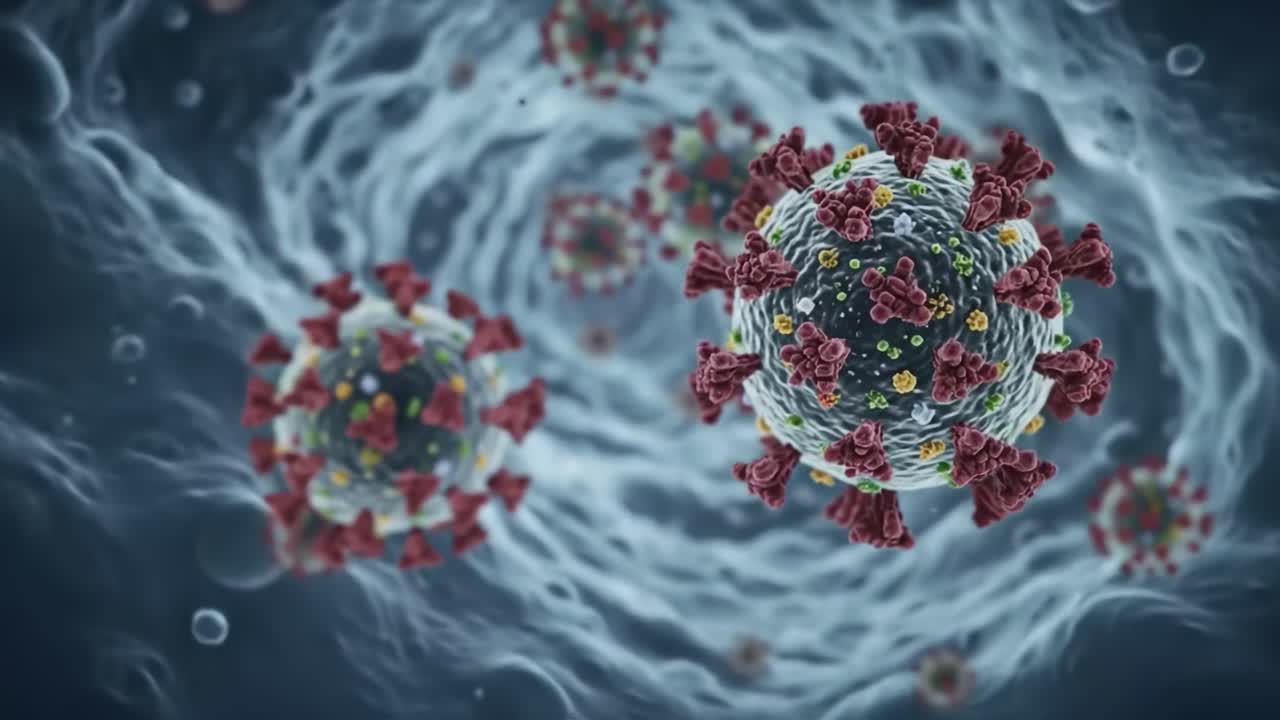 Detailed examination of coronavirus particles showcasing their unique structure and how they interact with human cells. This analysis highlights the ongoing research in virology.