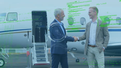 animation of data processing and scanner over two caucasian businessmen shaking hands at an airport