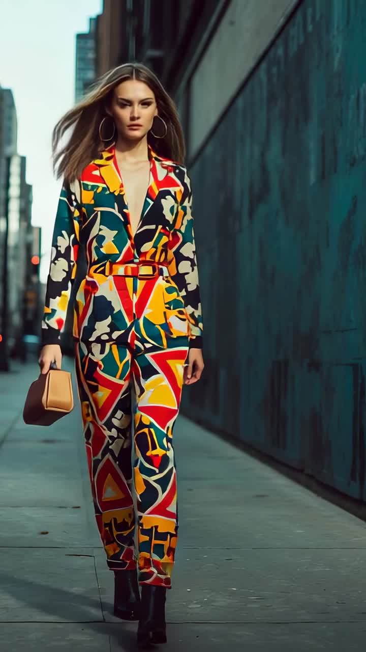 Vertical video: Opening shot showing model striding toward camera on city sidewalk with tan handbag