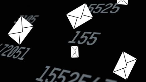 Animation-of-envelope-email-icons-floating-and-changing-numbers-on-black-background