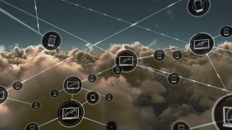 Animation of network of connections with icons over sky with clouds