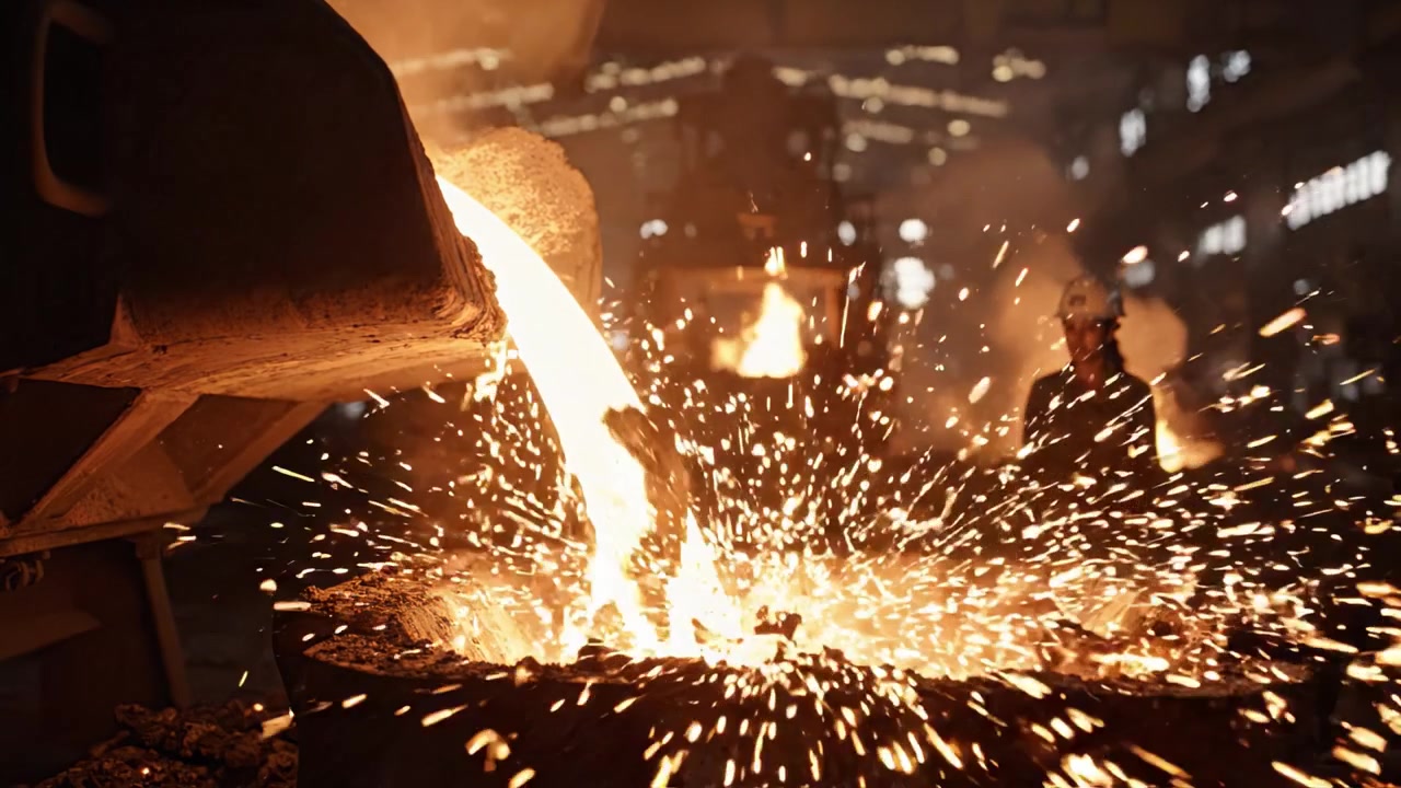 Molten metal being poured into a mold, showcasing the intense heat and energy of the metalworking process in a bustling foundry environment.