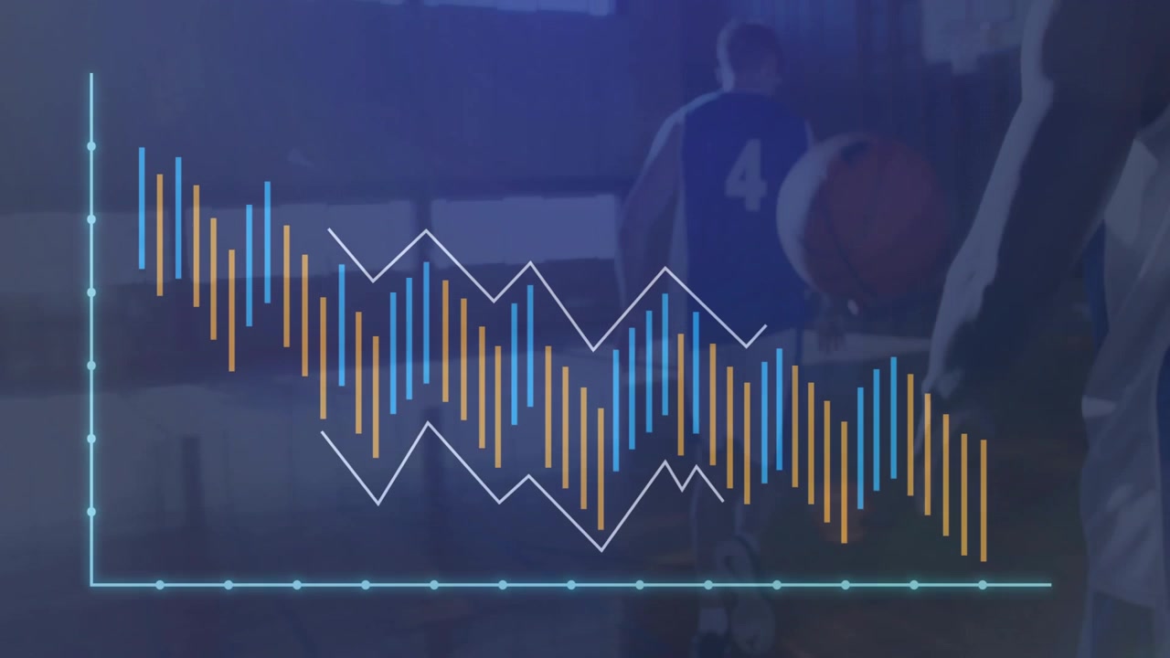 Players walking toward hoop, coach watching, sports data showing bar chart and line graph on court