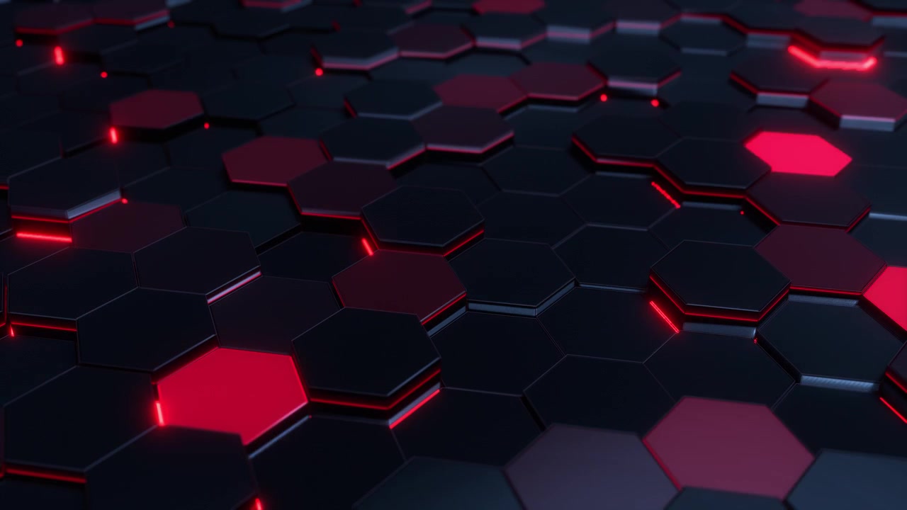 Futuristic Black Hexagon Pattern with Glowing Red Light Accents