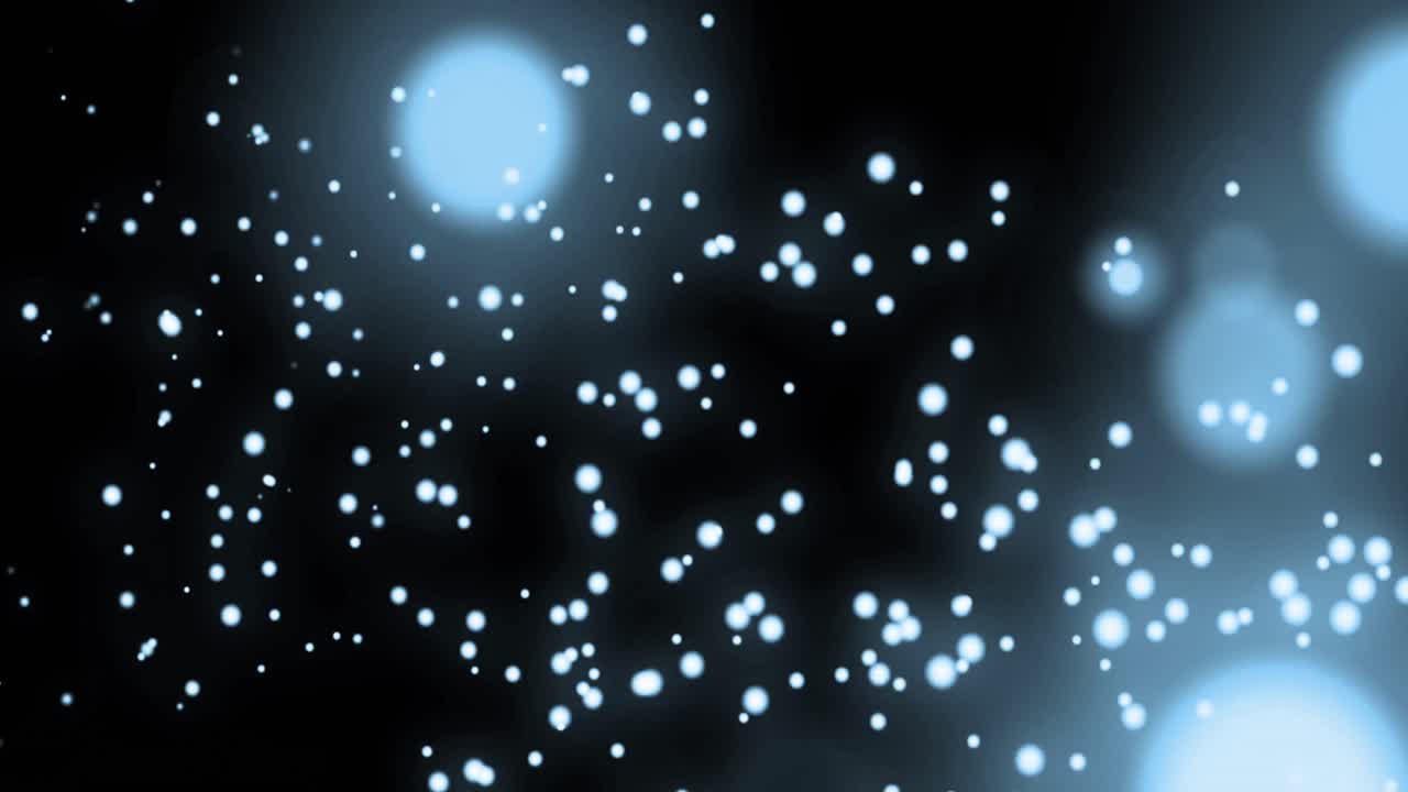 Animation of multiple glowing spots of light moving in hypnotic motion on blue background