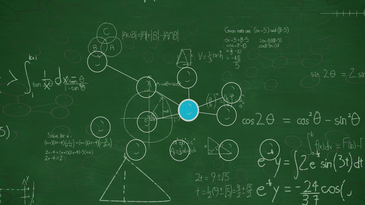 Animazione di una rete di connessioni con icone su equazioni matematiche su sfondo verde