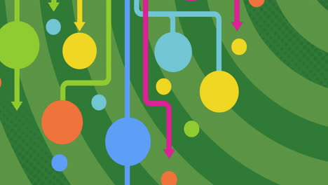animación de círculos coloridos conectados y formas rosadas que se mueven sobre un fondo de rayas verdes