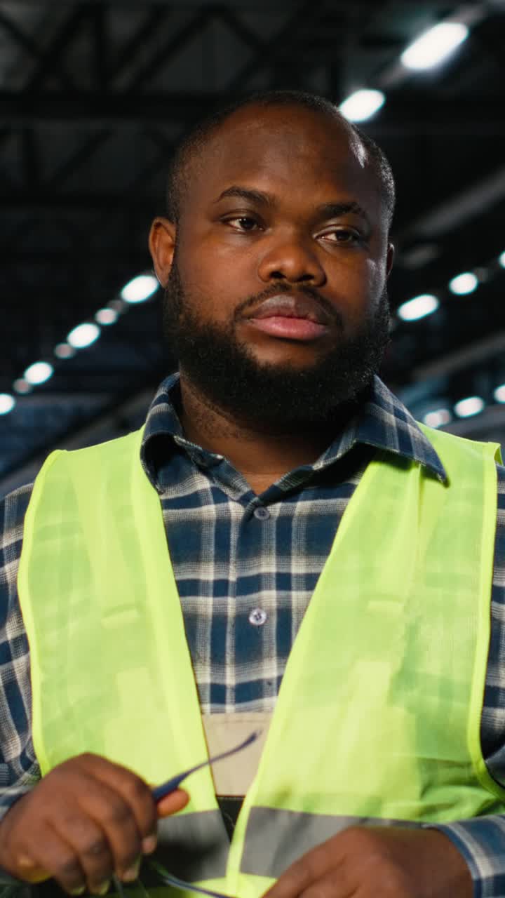 Vertical Video Black worker in a plant overseeing steel manufacturing with automation equipment