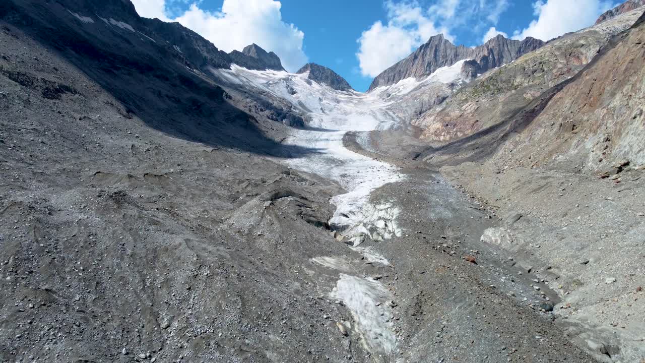 glaciar suizo con montañas y un cielo azul filmado por un dron