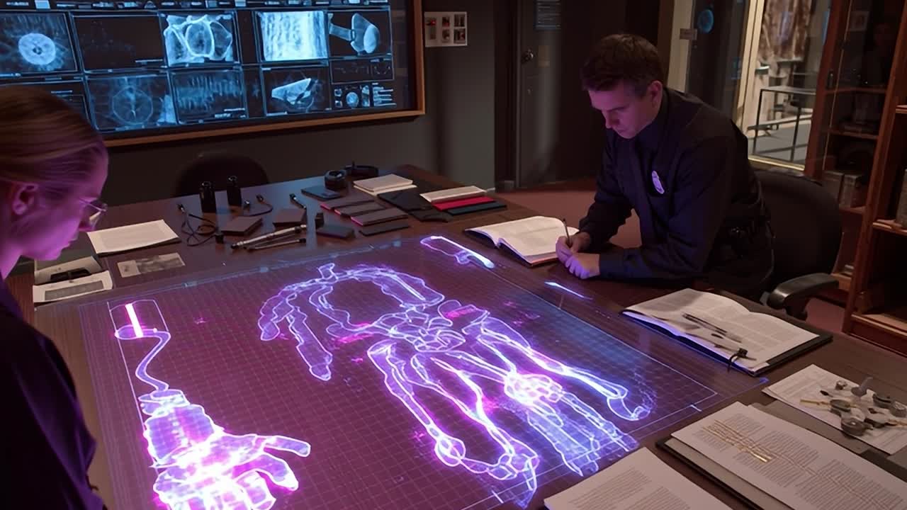 Medical professionals analyze holographic model in high-tech lab
