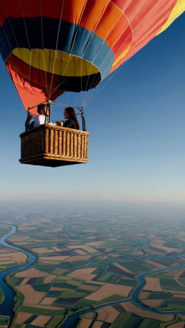people enjoying a hot air balloon ride over a scenic landscape