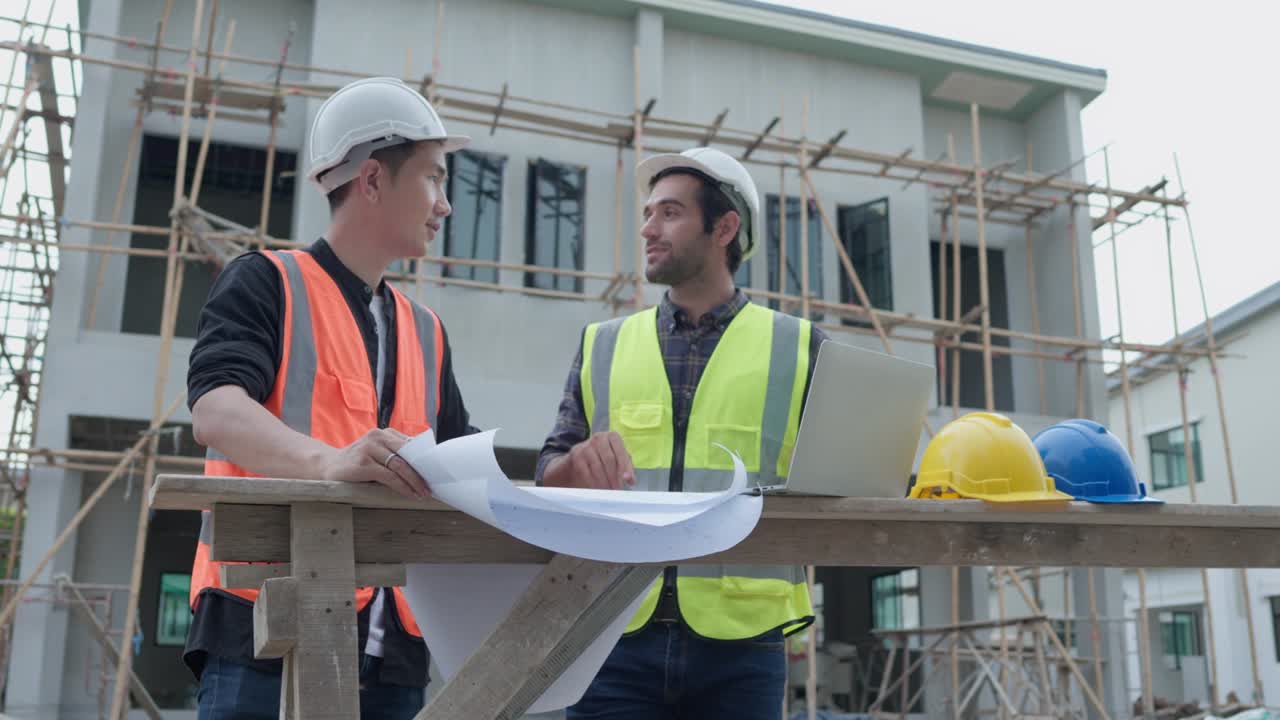 gerente profesional de ingenieros civiles masculinos o arquitectos y capataz, trabajador. mientras se reúnen discuten inspeccionar con computadora portátil, proyecto de construcción de planos en el sitio de construcción. concepto de construcción de bienes raíces.