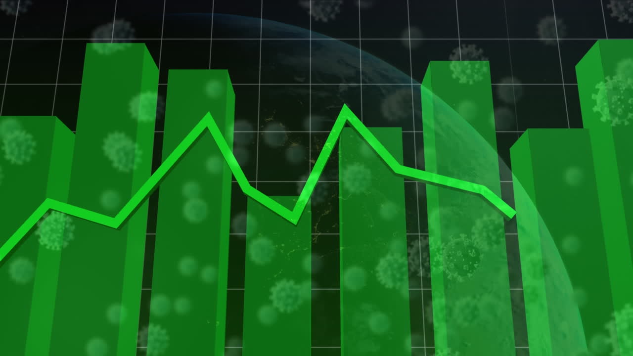 animación de procesamiento de datos estadísticos y células de covid-19 flotando contra el globo.