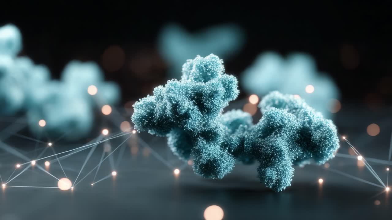 Captivating Representation of Molecular Structure Interconnected with Digital Elements, Showcasing a Complex Network of Particles and Connecting Lines in a Futuristic Style