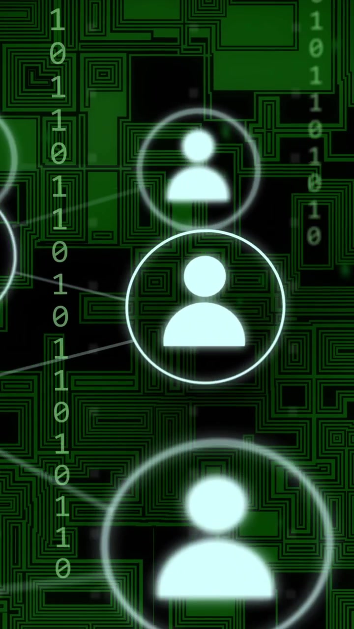 Animation of network of connections with icons over binary coding