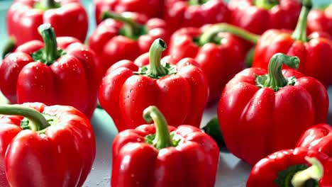 a bunch of red bell peppers sitting on top of a table