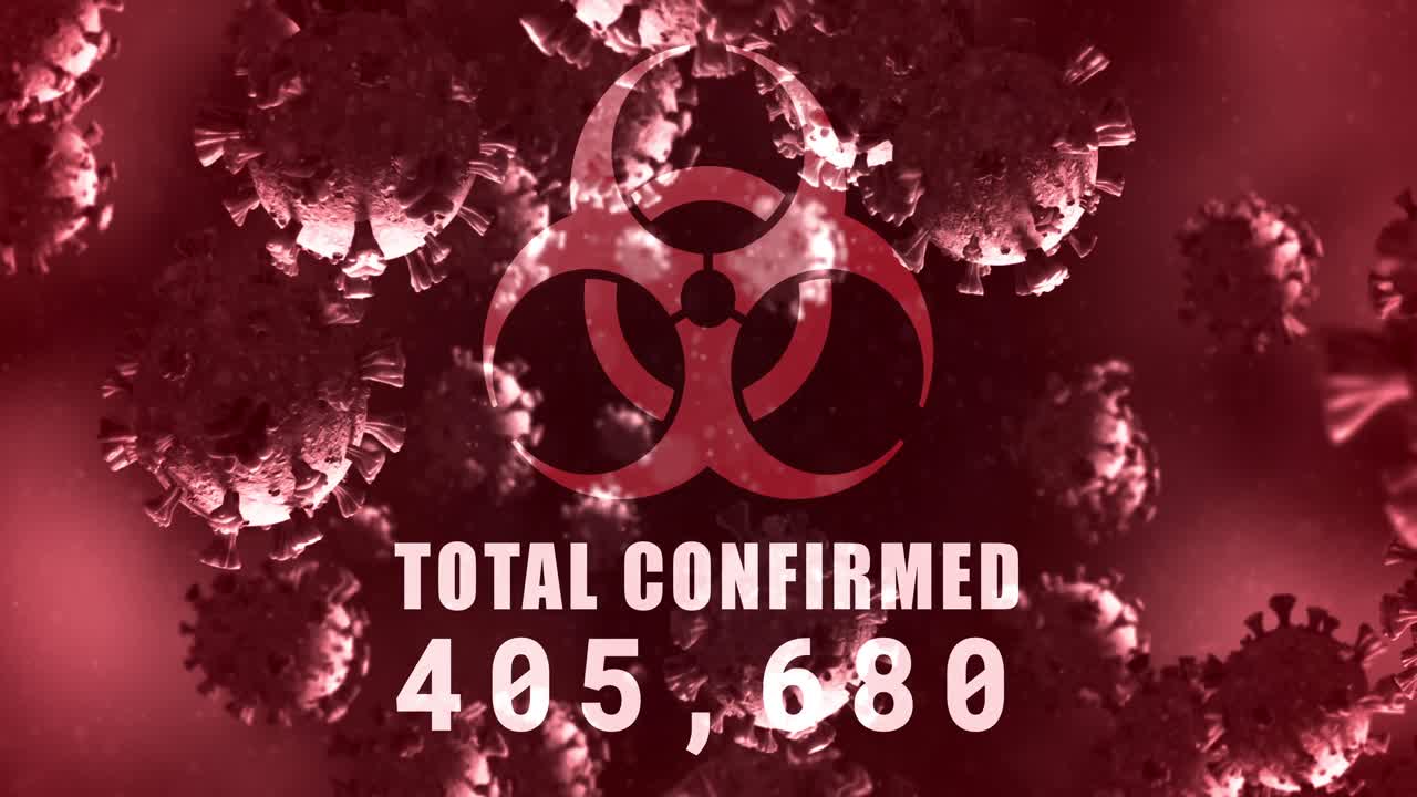 animación de un signo de peligro para la salud sobre células de coronavirus flotando en un líquido 4k