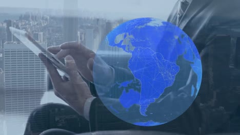 Animation-of-blue-globe-of-connections,-over-businessman-in-city-using-tablet