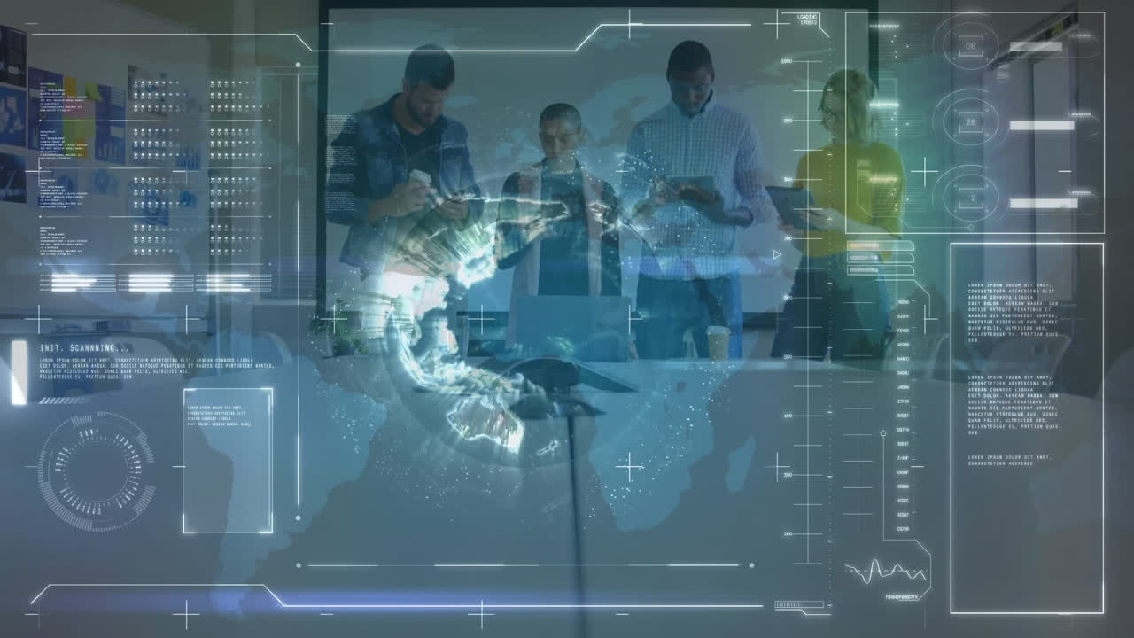 Spinning globe and data processing against people working in an office